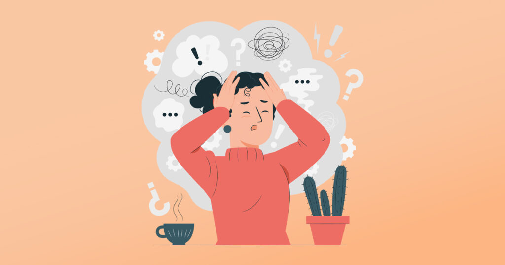 mulher pensativa com a mão na cabeça